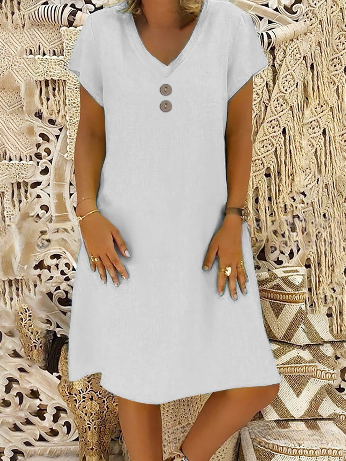 Casual Plain V Neck Midi Dress
