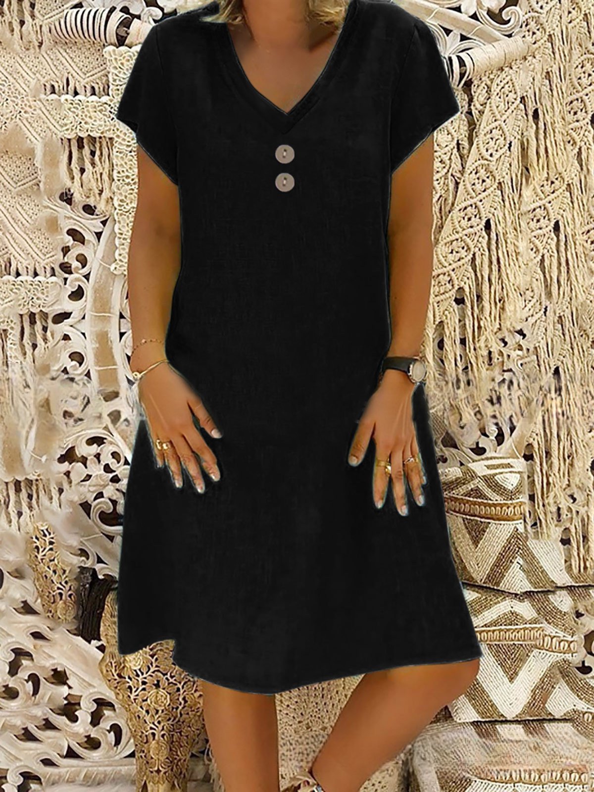 Casual Plain V Neck Midi Dress