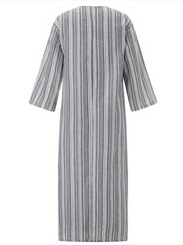 Women's Long Sleeve Spring/Fall Gray Striped Split Joint U-Neck Daily Going Out Vintage Maxi A-Line Tank Dress