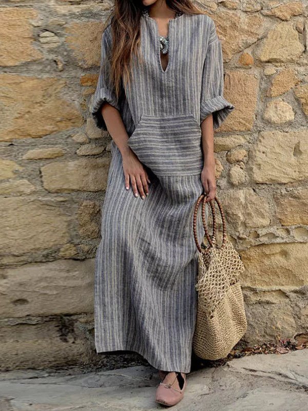 Women's Long Sleeve Spring/Fall Gray Striped Split Joint U-Neck Daily Going Out Vintage Maxi A-Line Tank Dress
