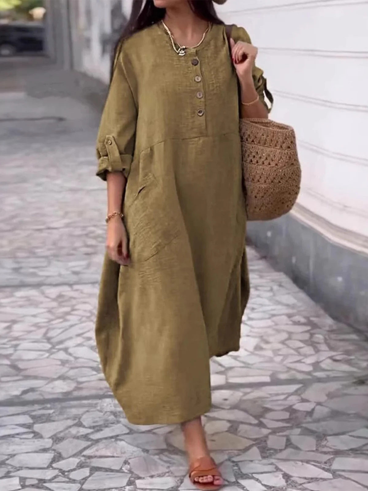 Casual Plain Crew Neck Maxi Dress