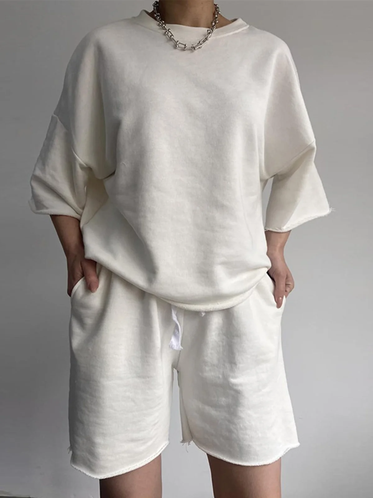 Casual Plain Crew Neck Two-Piece Set
