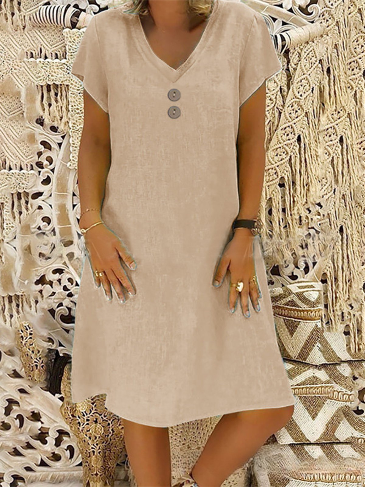 Casual Plain V Neck Midi Dress