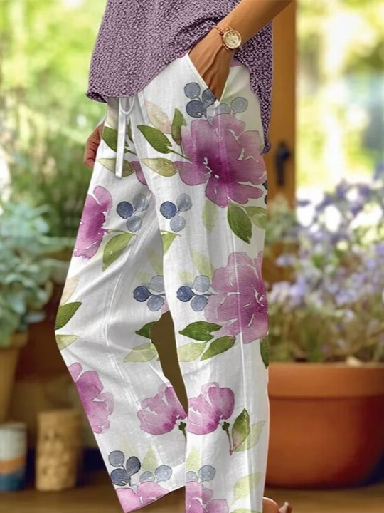 Women's  H-Line Baggy Pants Daily Going Out Pants White Casual Printing Floral Spring/Fall Pants