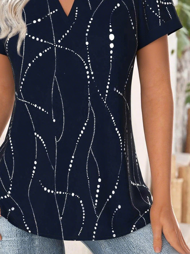 Print Casual V Neck Short Sleeve T-Shirt