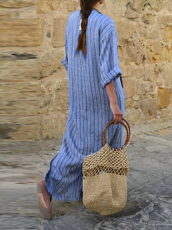 Women's Long Sleeve Spring/Fall Gray Striped Split Joint U-Neck Daily Going Out Vintage Maxi A-Line Tank Dress