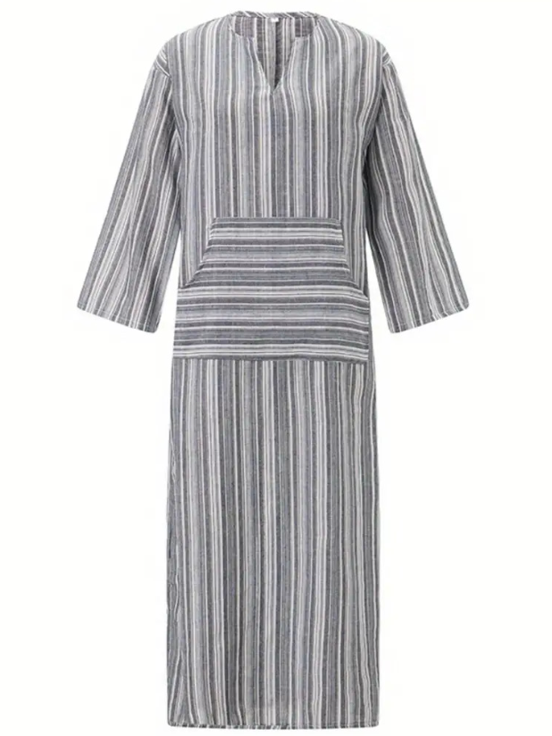 Women's Long Sleeve Spring/Fall Gray Striped Split Joint U-Neck Daily Going Out Vintage Maxi A-Line Tank Dress