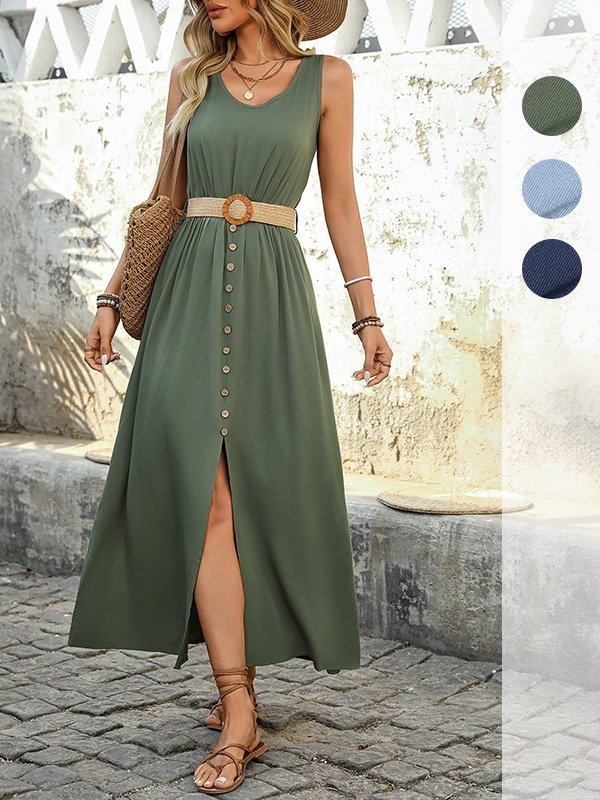 Women's Sleeveless Summer Army Green Plain Split Joint V Neck Daily Going Out Vintage Maxi A-Line Tank Dress