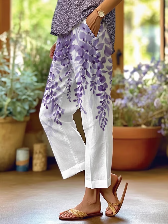 Women's  H-Line Baggy Pants Daily Going Out Pants White Casual Printing Floral Spring/Fall Pants