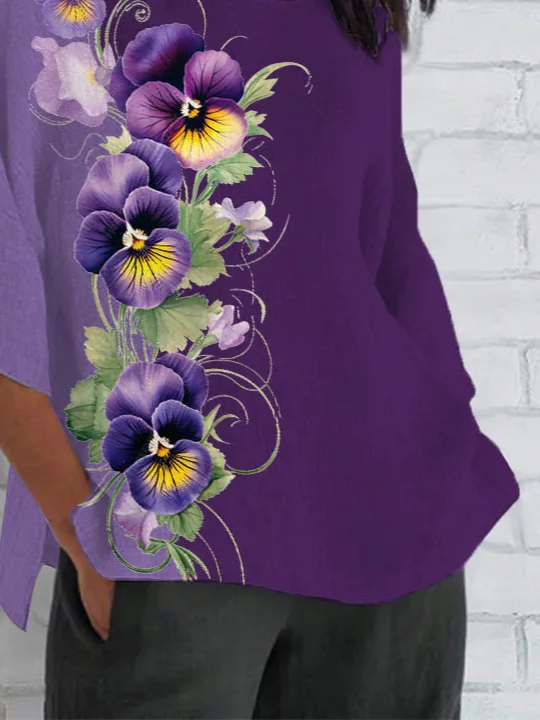 Women's Half Sleeve T-shirt Summer Purple Floral Crew Neck Daily Going Out Casual Top