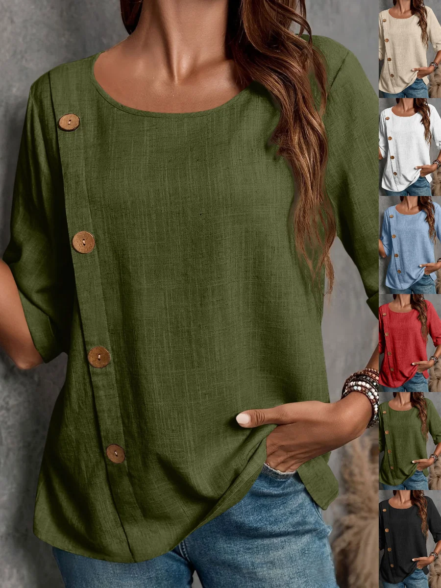 Women's Half Sleeve Blouse Summer Army Green Plain Split Joint Linen Crew Neck Daily Going Out Casual Top