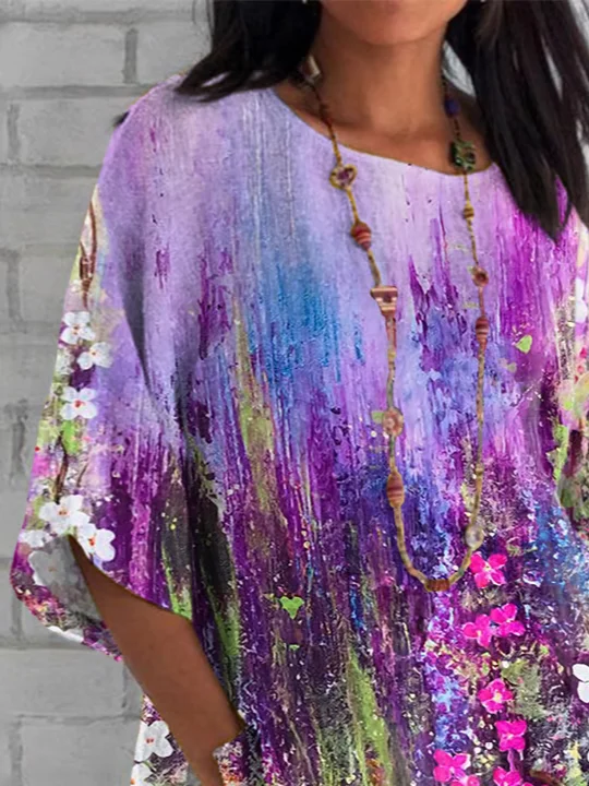 Women's Half Sleeve T-shirt Summer Purple Floral Crew Neck Daily Going Out Casual Top