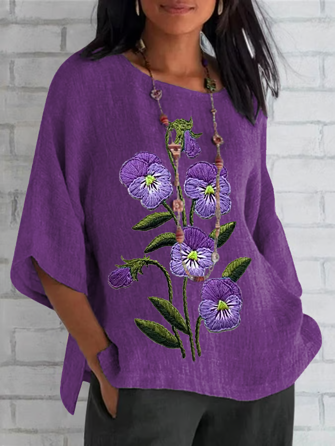 Women's Half Sleeve T-shirt Summer Deep Purple Floral Crew Neck Daily Going Out Casual Top