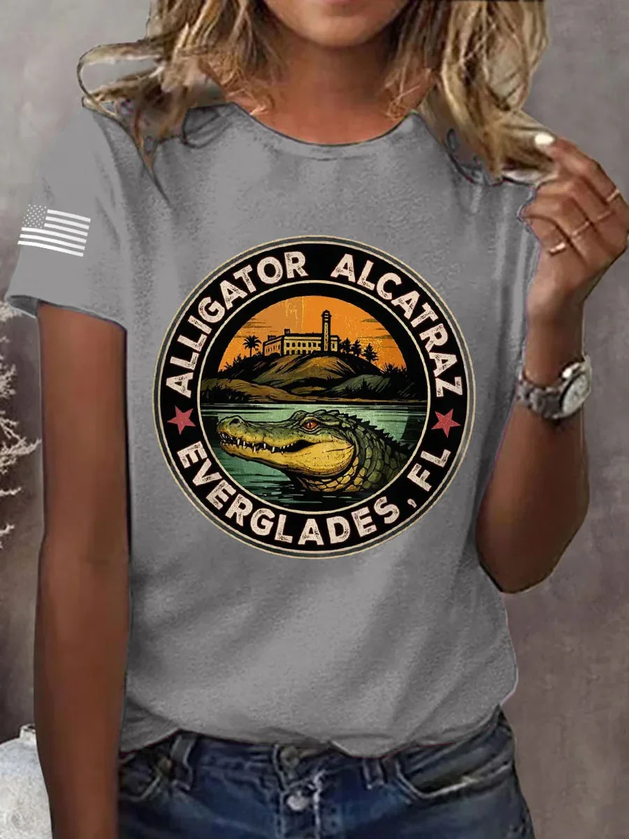 Women's Retro Alligator Alcatraz Funny Florida Everglades Dark Humor Tee