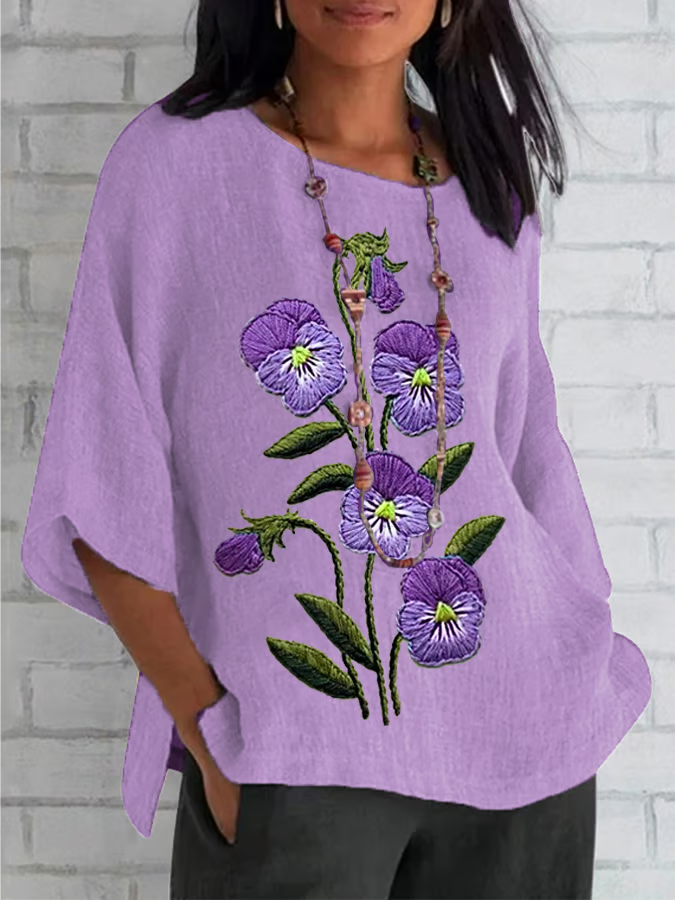 Women's Half Sleeve T-shirt Summer Deep Purple Floral Crew Neck Daily Going Out Casual Top
