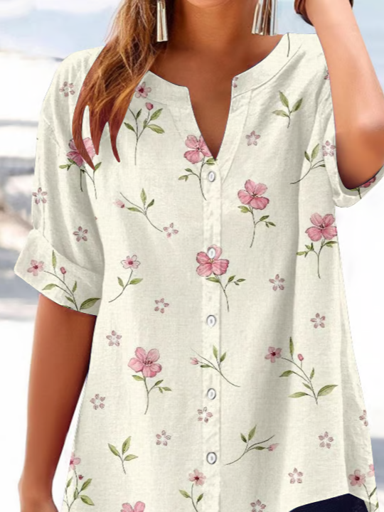 Women's Short Sleeve Shirt Summer Apricot Floral Printing V Neck Daily Going Out Casual Top