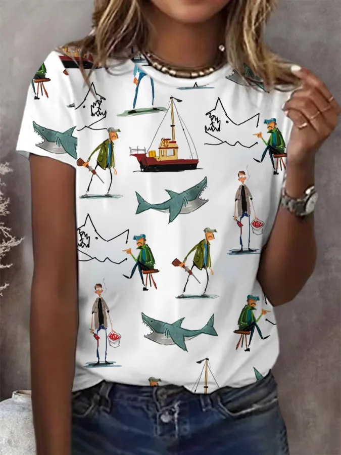 Women's Shark Art Printed Short Sleeve T-Shirt