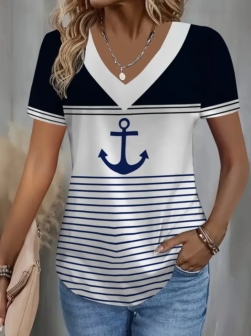 Women's Short Sleeve T-shirt Summer White Anchor Printing V Neck Daily Going Out Casual Top