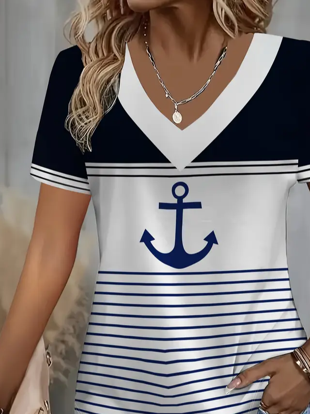 Women's Short Sleeve T-shirt Summer White Anchor Printing V Neck Daily Going Out Casual Top