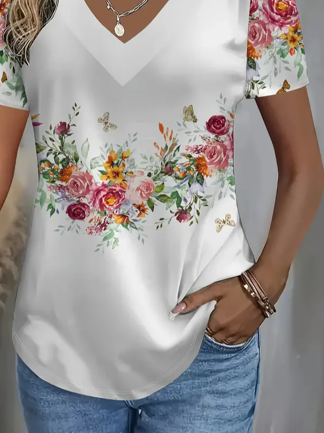 Women's Short Sleeve T-shirt Summer White Floral Printing V Neck Daily Going Out Casual Top