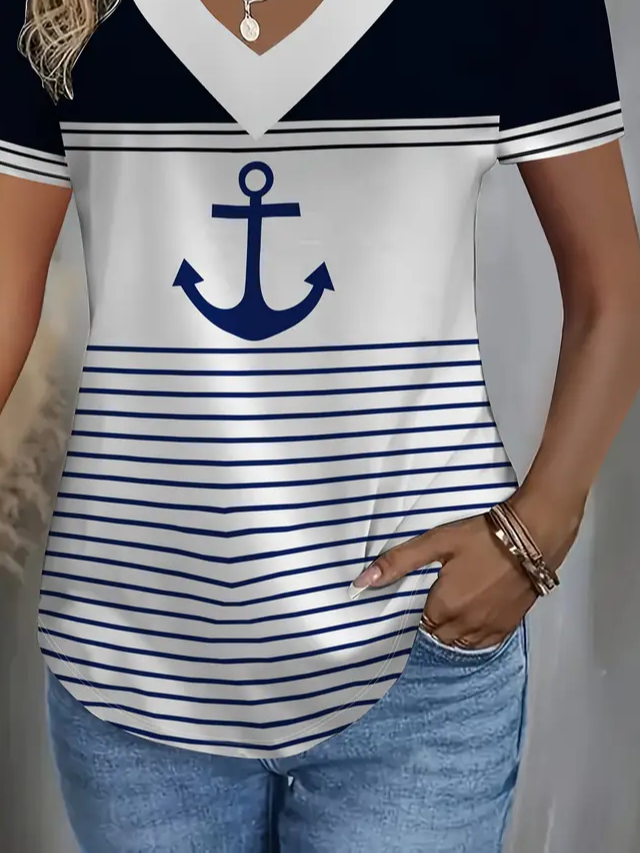 Women's Short Sleeve T-shirt Summer White Anchor Printing V Neck Daily Going Out Casual Top
