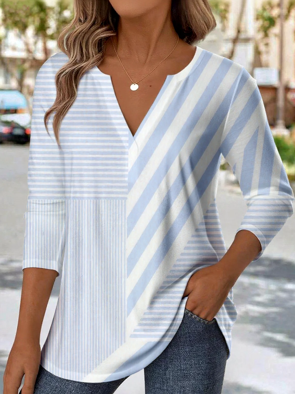 Elegant Commuter Striped Patchwork Pattern Print V-Neck Long-Sleeved T-Shirt