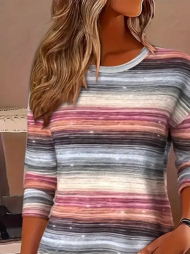 Women's Long Sleeve T-shirt Spring/Fall As Picture Striped Printing Jersey Crew Neck Daily Going Out Casual Top