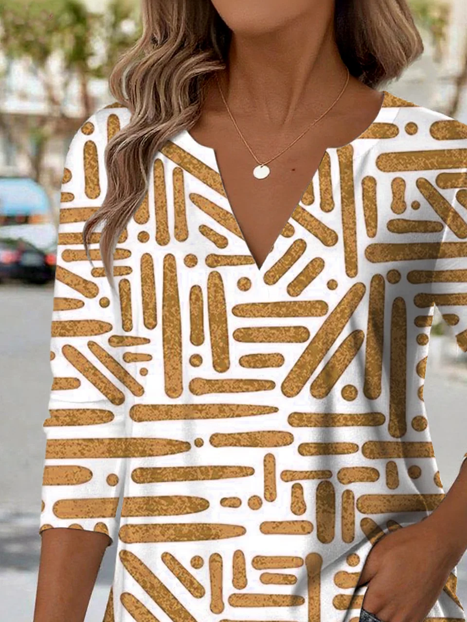 Elegant Commuter Striped Patchwork Pattern Print V-Neck Long-Sleeved T-Shirt