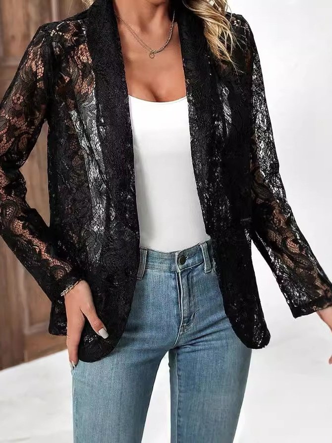 Fashionable Summer Small Suit All-match Solid Color Lace Hollow Cardigan Sun Protection Jacket