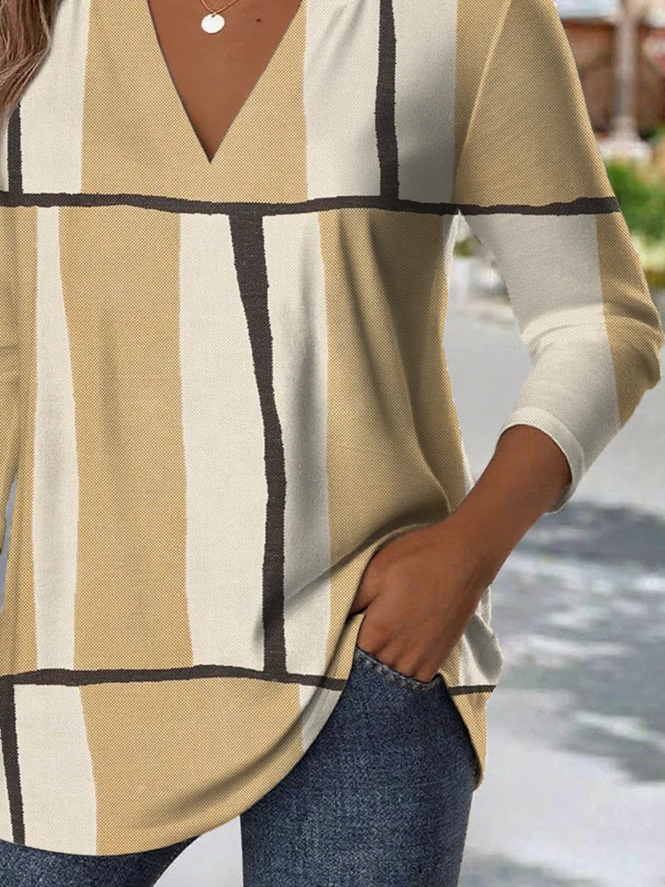 Elegant Commuter Striped Patchwork Pattern Print V-Neck Long-Sleeved T-Shirt
