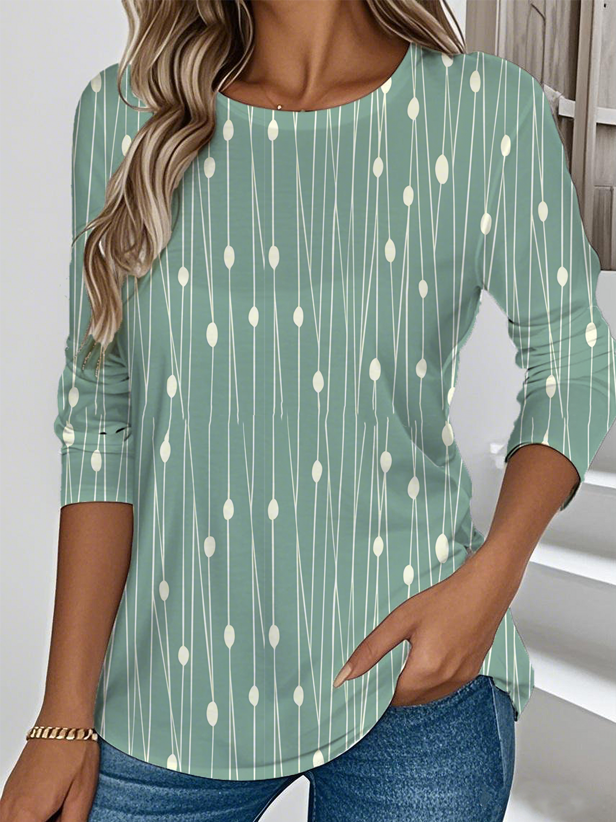 Elegant Commuter Striped Polka Dot Pattern Round Neck Long Sleeve T-Shirt