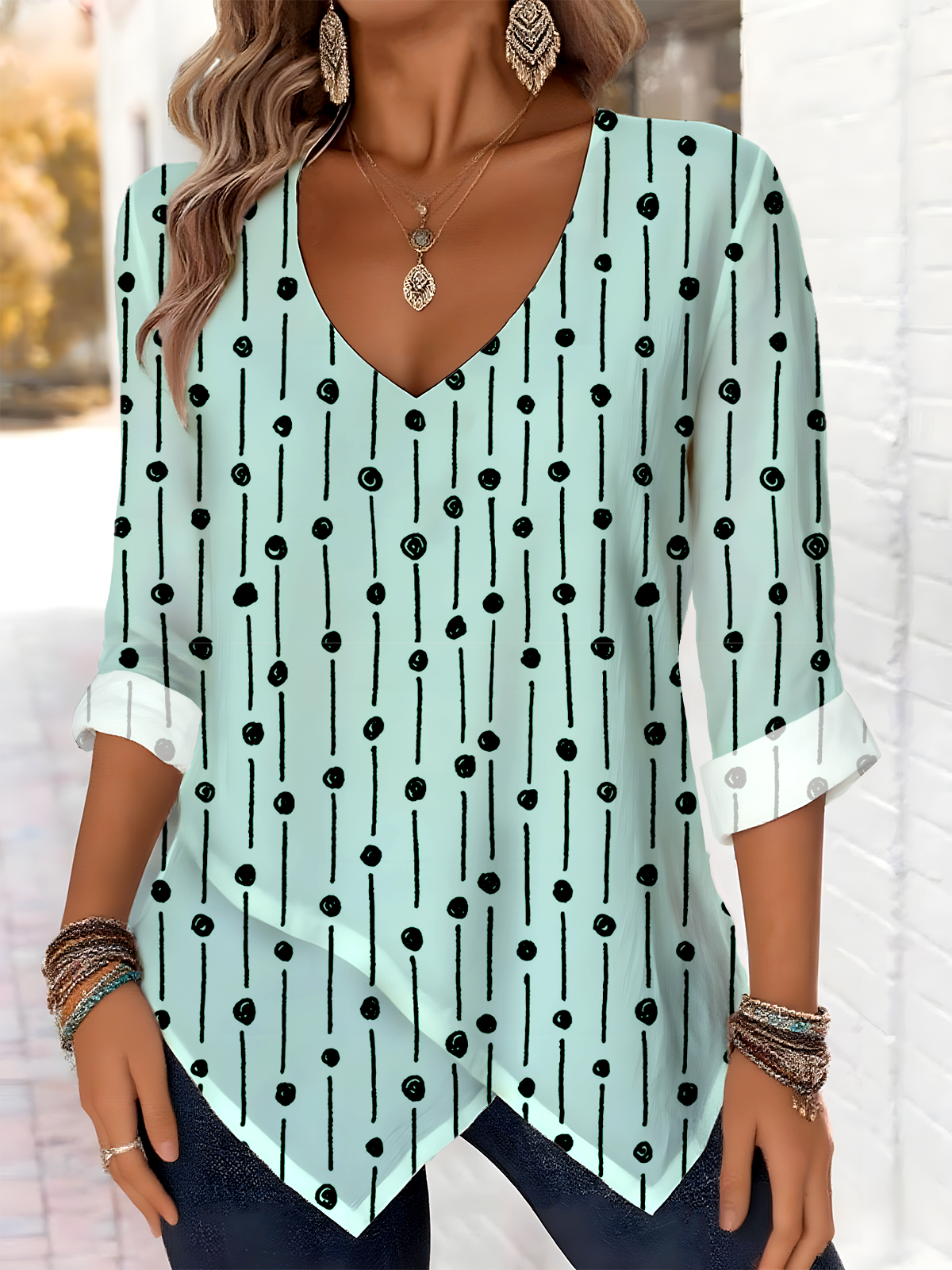 Elegant Commuting Polka Dot Pattern V-Neck Pointed Hem Long-Sleeved Top
