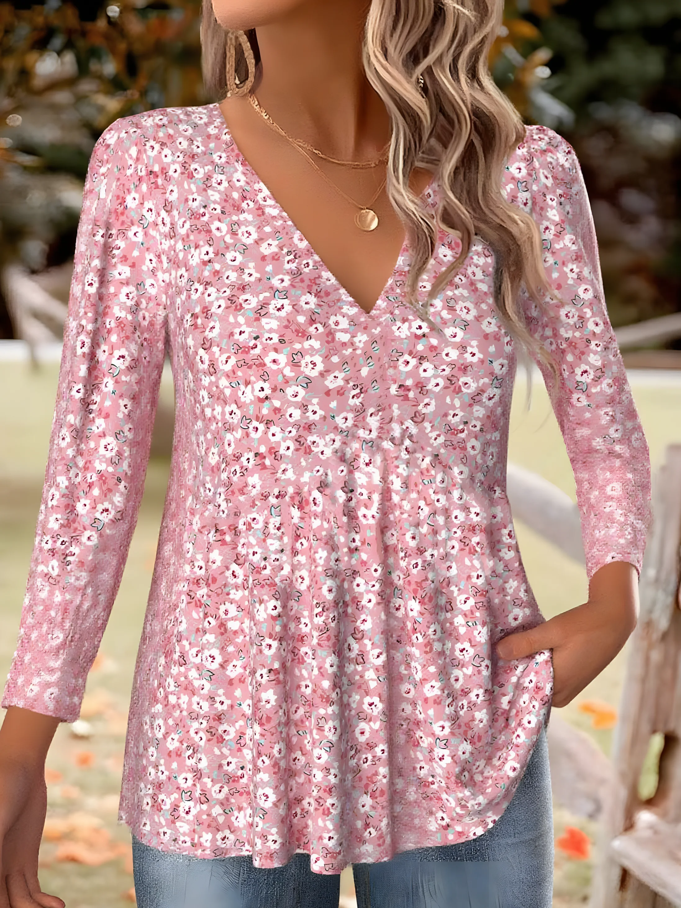 Print Casual V Neck Long Sleeve T-Shirt