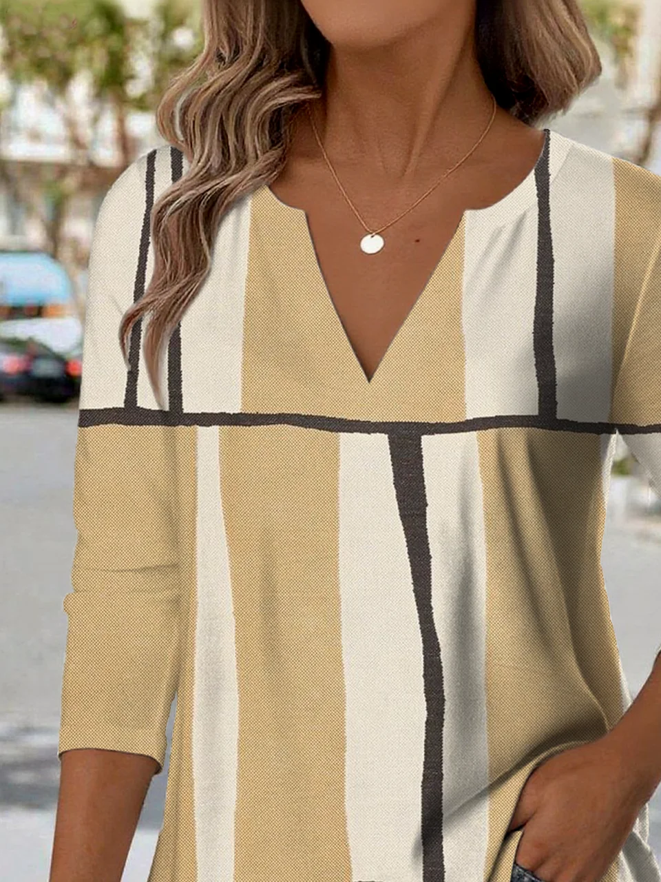 Elegant Commuter Striped Patchwork Pattern Print V-Neck Long-Sleeved T-Shirt