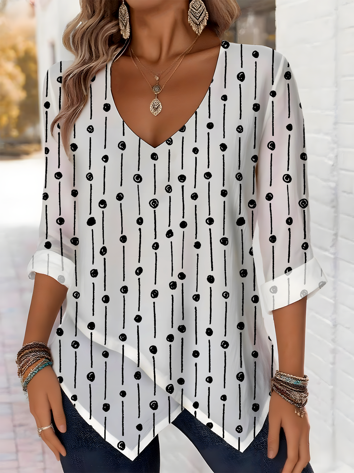 Elegant Commuting Polka Dot Pattern V-Neck Pointed Hem Long-Sleeved Top