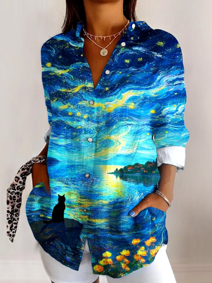 Geometric Cotton Casual V Neck Shirt