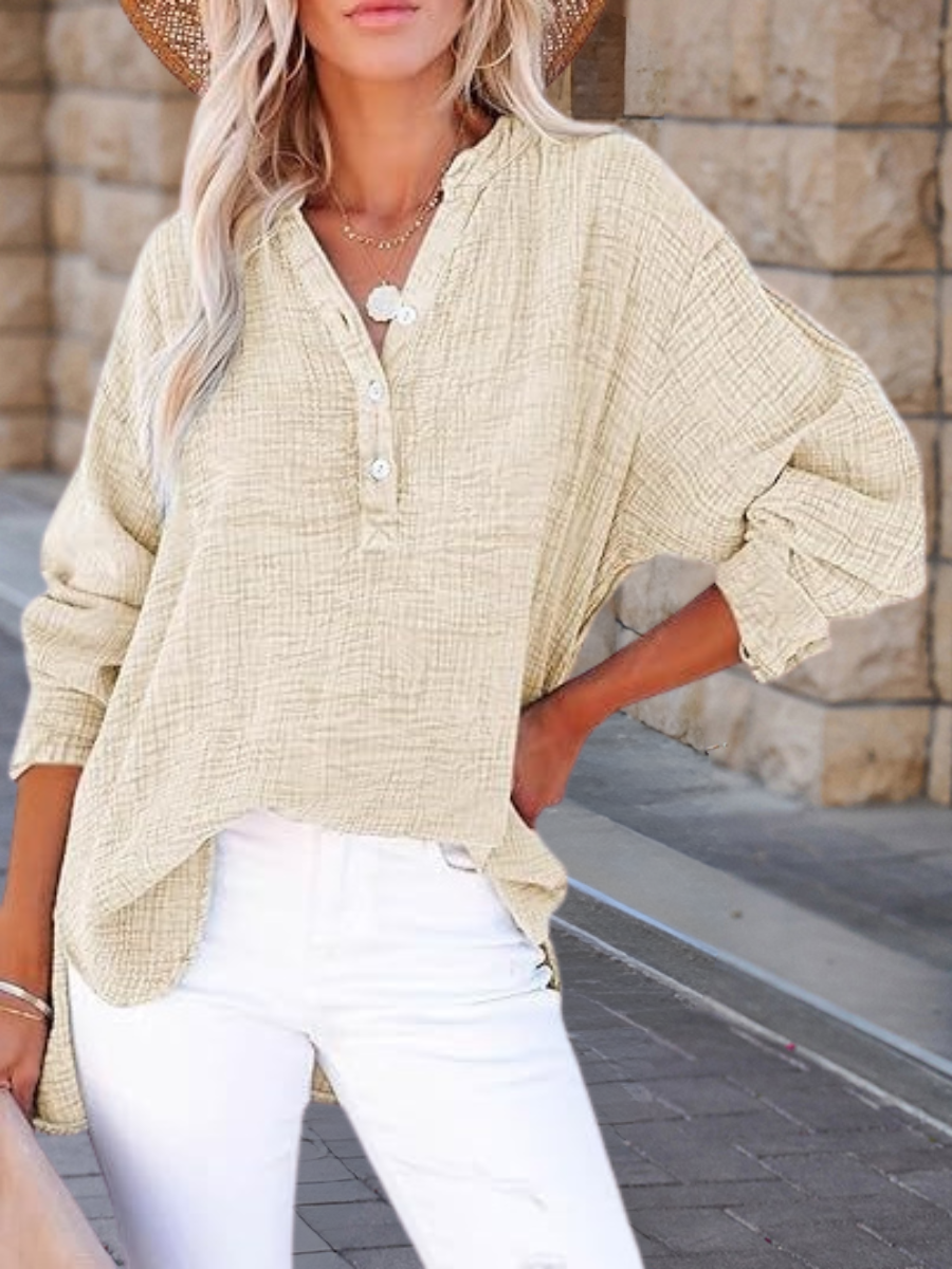 Women's Long Sleeve Shirt Spring/Fall Sky Blue Plain Split Joint Cotton V Neck Daily Going Out Casual Top