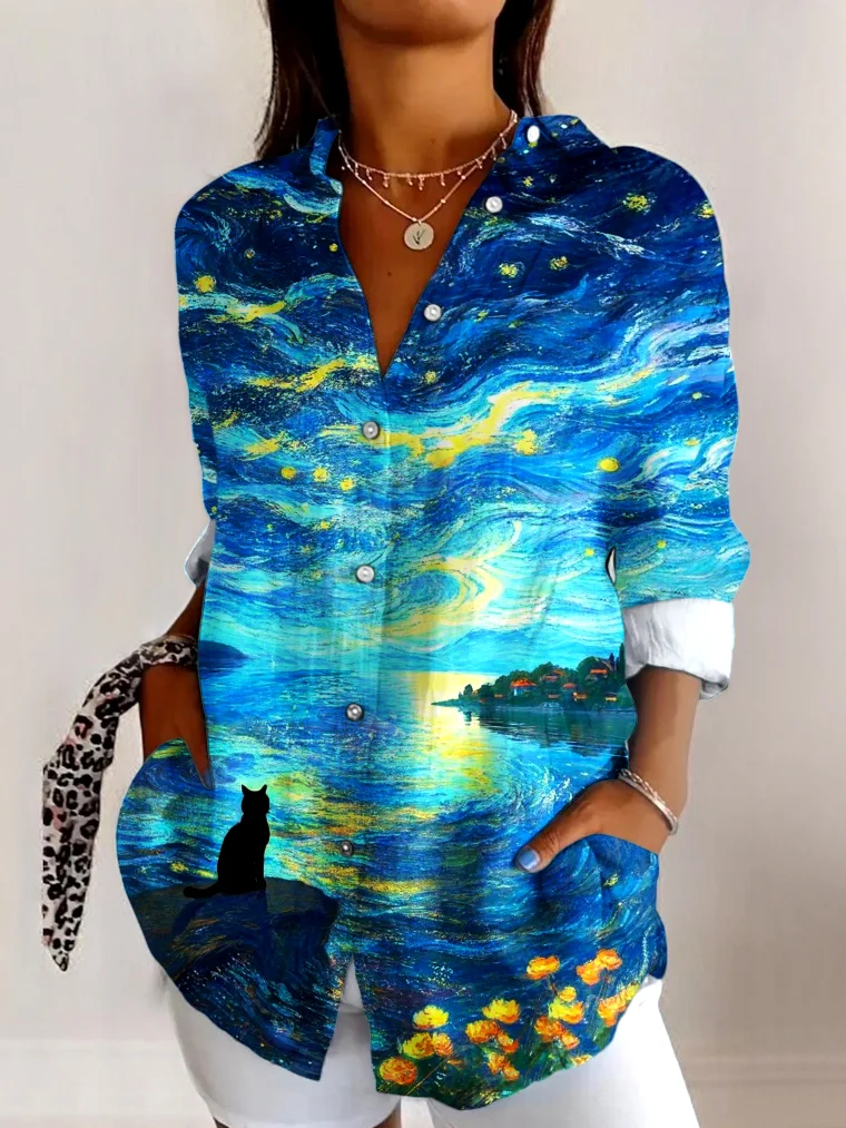Geometric Cotton Casual V Neck Shirt
