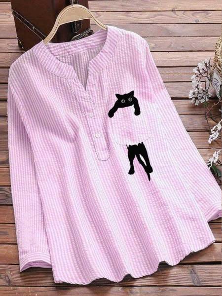 Women's Long Sleeve Shirt Spring/Fall Sky Blue Striped Split Joint V Neck Daily Going Out Casual Top
