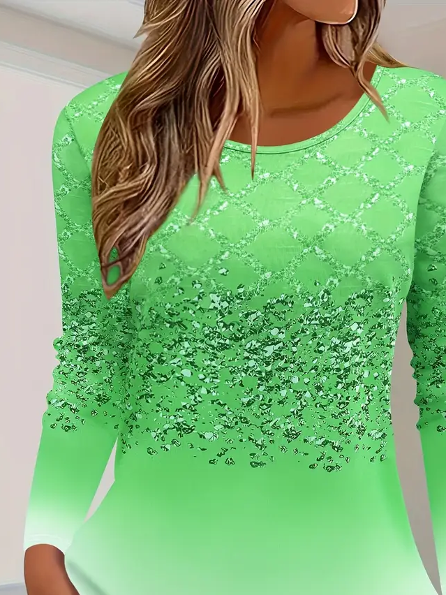 Women's Long Sleeve T-shirt Spring/Fall Green Abstract Printing Jersey Crew Neck Daily Going Out Casual Top