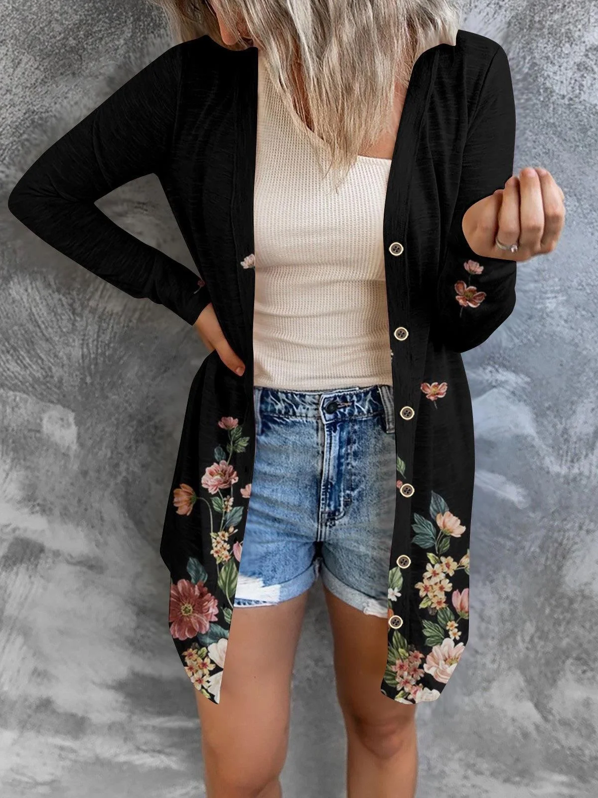 Floral Geometric Print Gradient Patchwork Mid-length Coat Cardigan