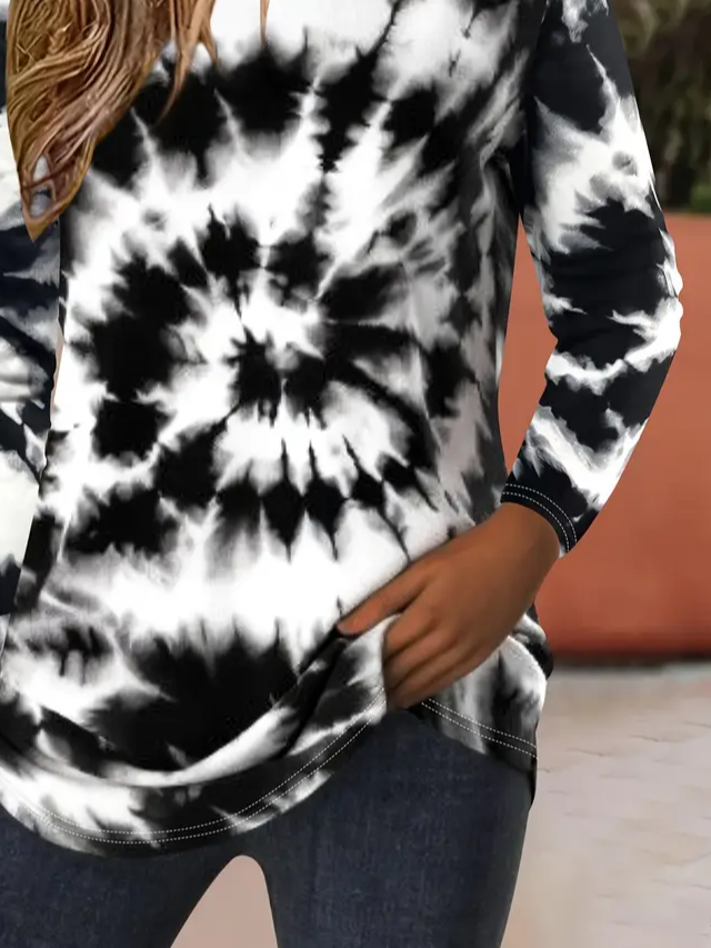 Women's Long Sleeve T-shirt Spring/Fall Black-white Tie-Dye Pattern Printing Jersey Crew Neck Daily Going Out Casual Top