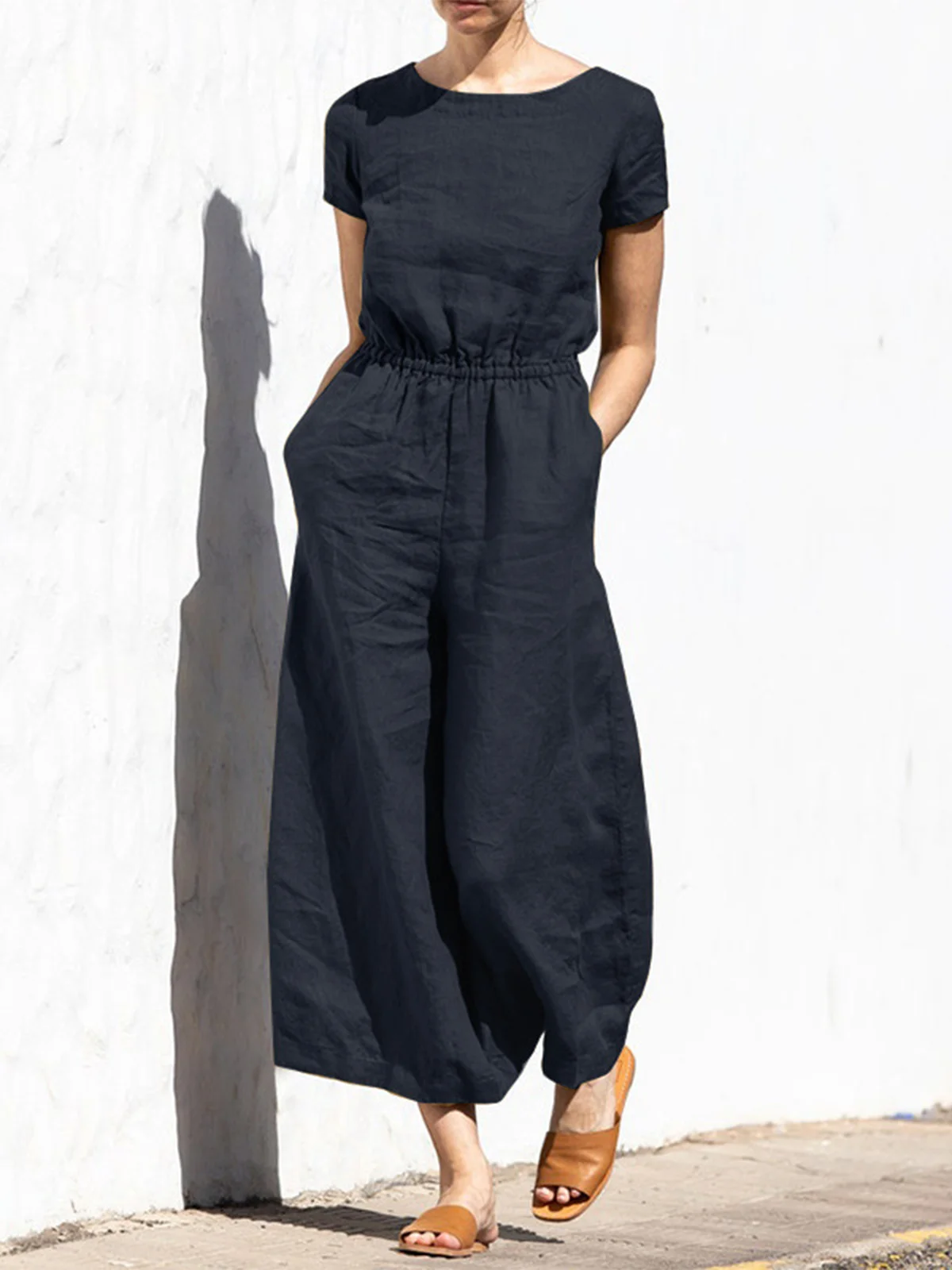 Casual Regular Sleeve Plain Crew Neck Jumpsuit