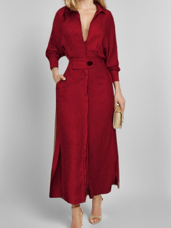 Women's Long Sleeve Spring/Fall Plain Split Joint V Neck Daily Going Out Maxi Dress