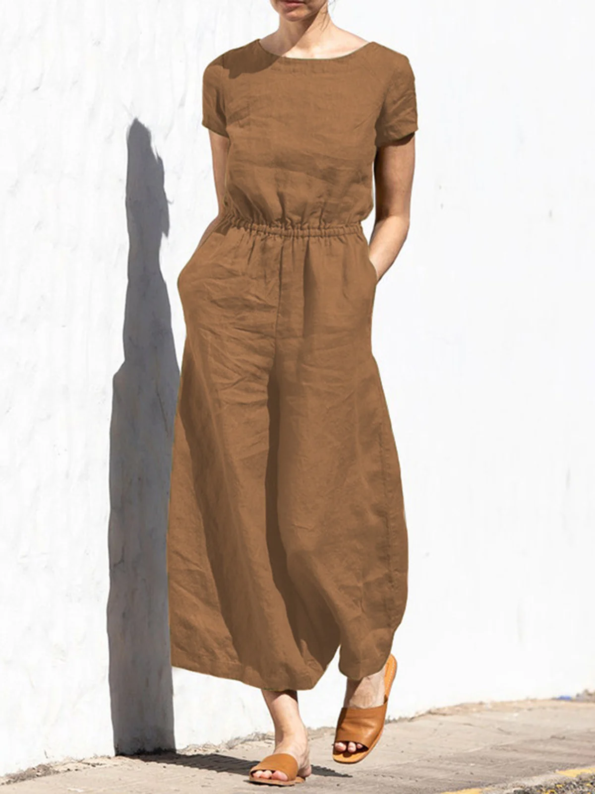 Casual Regular Sleeve Plain Crew Neck Jumpsuit