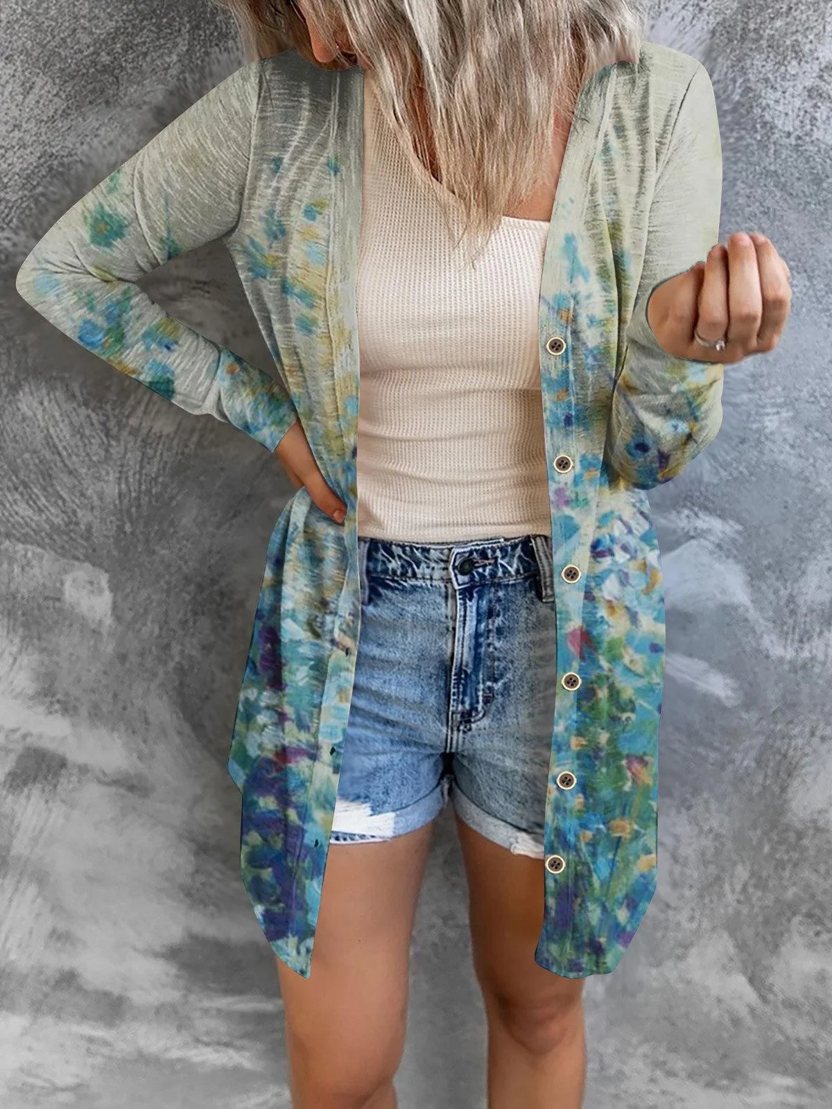 Floral Geometric Print Gradient Patchwork Mid-length Coat Cardigan