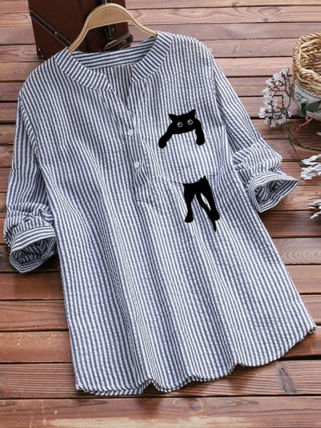 Women's Long Sleeve Shirt Spring/Fall Sky Blue Striped Split Joint V Neck Daily Going Out Casual Top