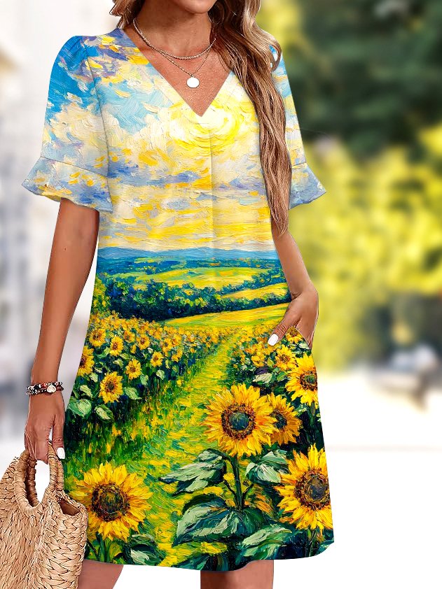 V Neck Casual Plain Dress With No