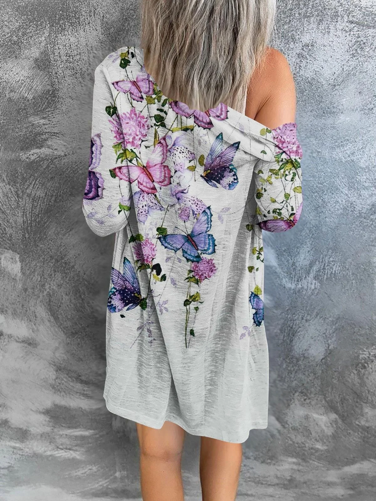 Floral Geometric Print Gradient Patchwork Mid-length Coat Cardigan