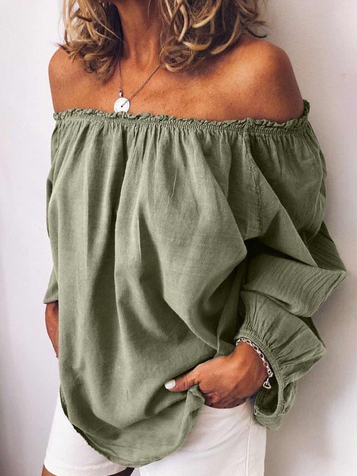 Casual Plain Cold Shoulder Balloon Sleeve Blouse